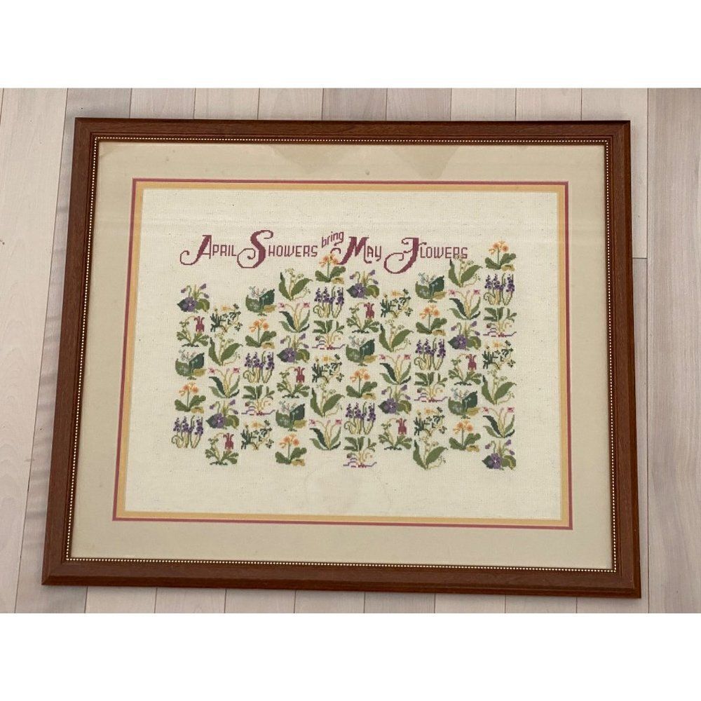 April Showers Bring May Flowers Cross Stitch Embroidered Handmade Artwork Framed